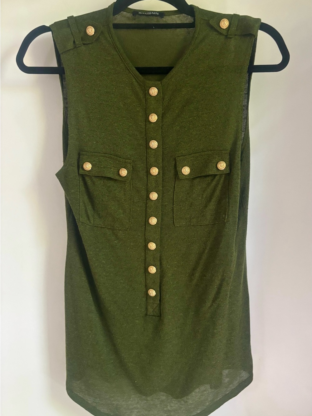 Balmain Olive Green Sleeveless Button-Front Tank with Gold Buttons